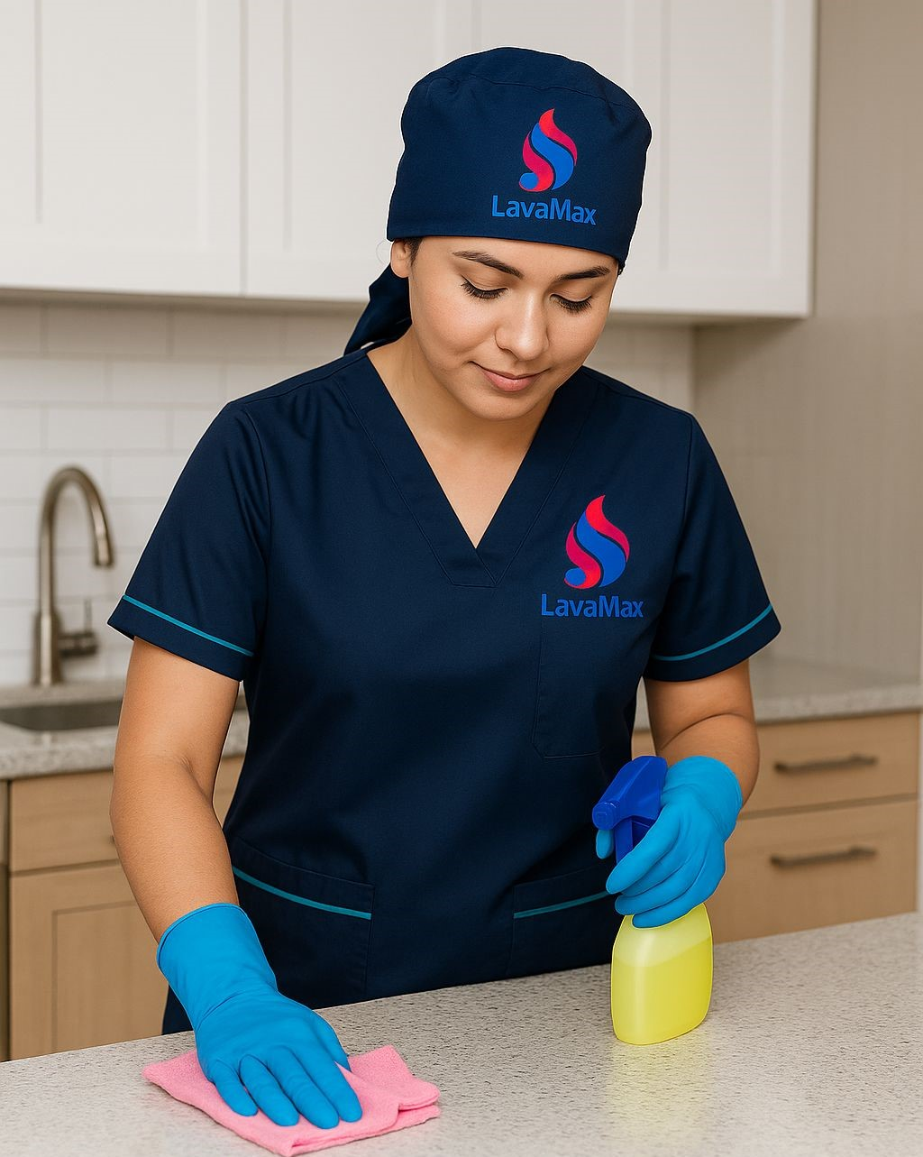 Profesional de limpieza de LavaMax desinfectando una cocina