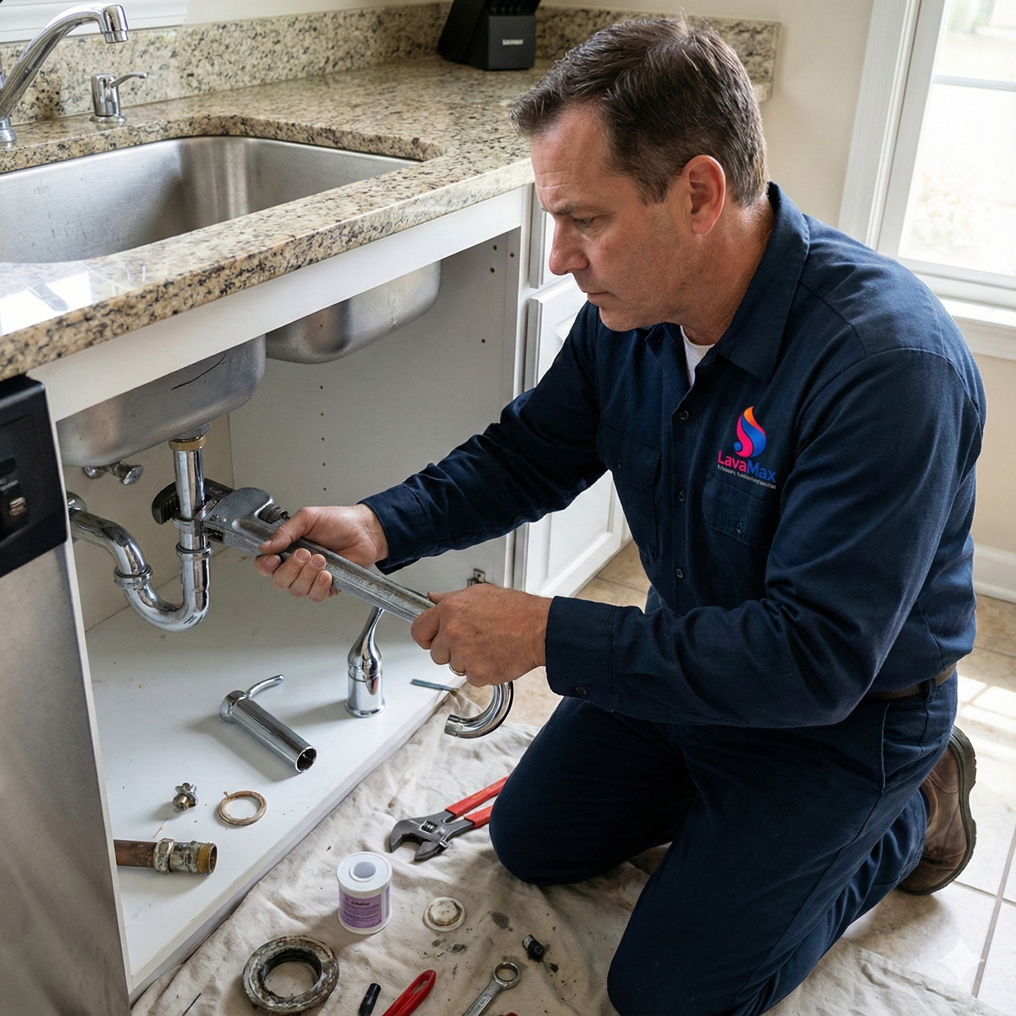 Plomero profesional de LavaMax cambiando un grifo de lavaplatos